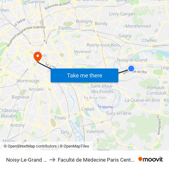 Noisy-Le-Grand - Mont D'Est to Faculté de Médecine Paris Centre - Université de Paris map
