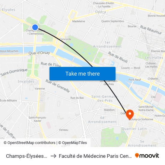 Champs-Élysées - Clemenceau to Faculté de Médecine Paris Centre - Université de Paris map