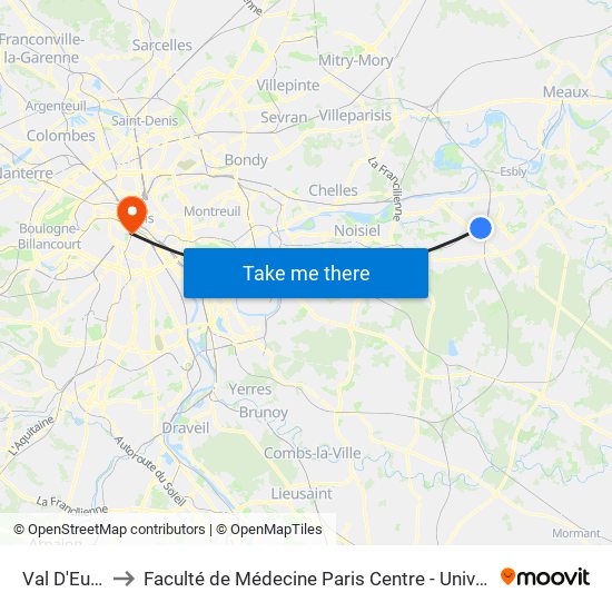 Val D'Europe to Faculté de Médecine Paris Centre - Université de Paris map
