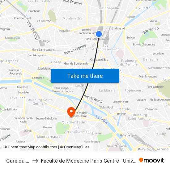 Gare du Nord to Faculté de Médecine Paris Centre - Université de Paris map