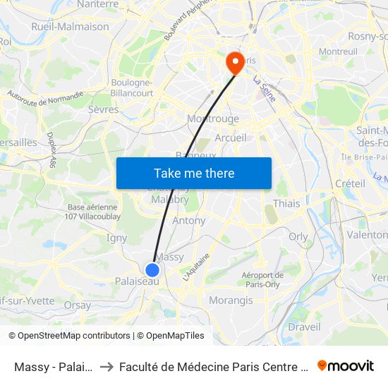 Massy - Palaiseau RER to Faculté de Médecine Paris Centre - Université de Paris map