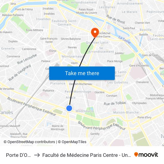 Porte D'Orléans to Faculté de Médecine Paris Centre - Université de Paris map
