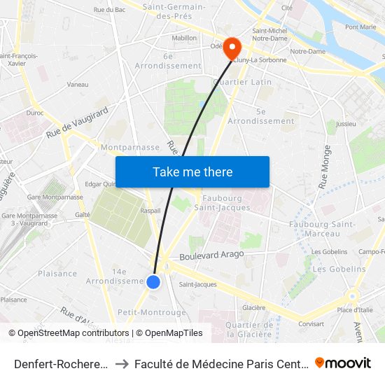 Denfert-Rochereau - Daguerre to Faculté de Médecine Paris Centre - Université de Paris map