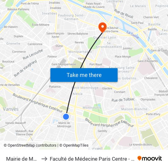 Mairie de Montrouge to Faculté de Médecine Paris Centre - Université de Paris map