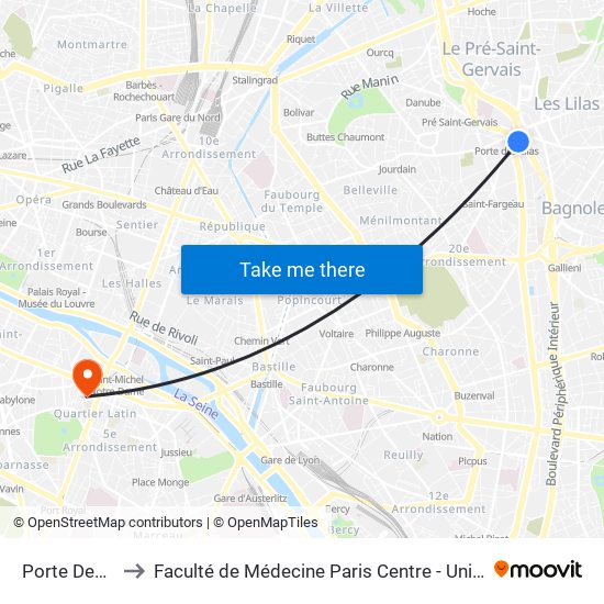 Porte Des Lilas to Faculté de Médecine Paris Centre - Université de Paris map