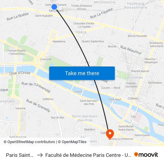 Paris Saint-Lazare to Faculté de Médecine Paris Centre - Université de Paris map