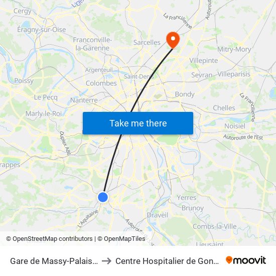 Gare de Massy-Palaiseau to Centre Hospitalier de Gonesse map