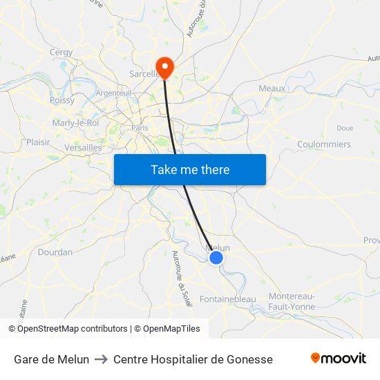 Gare de Melun to Centre Hospitalier de Gonesse map