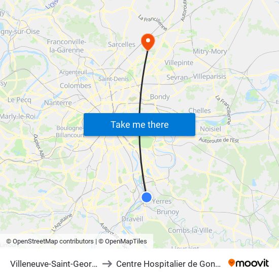 Villeneuve-Saint-Georges to Centre Hospitalier de Gonesse map