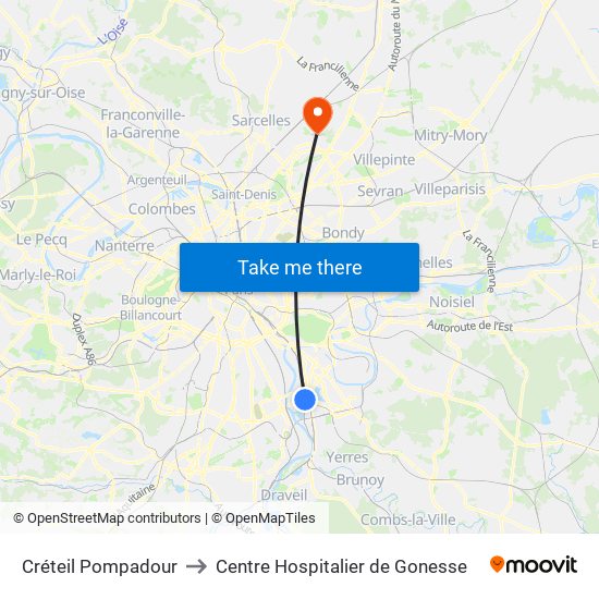 Créteil Pompadour to Centre Hospitalier de Gonesse map