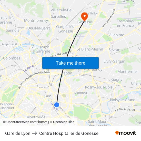 Gare de Lyon to Centre Hospitalier de Gonesse map