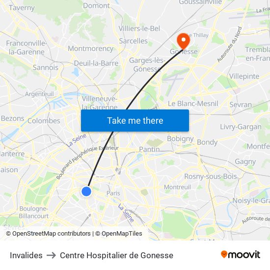 Invalides to Centre Hospitalier de Gonesse map