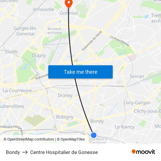 Bondy to Centre Hospitalier de Gonesse map