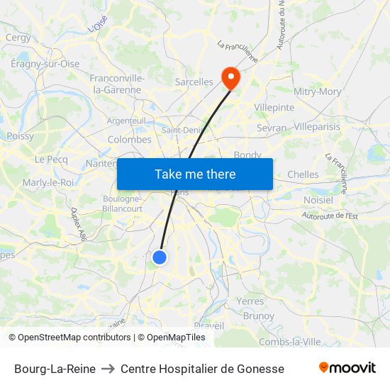 Bourg-La-Reine to Centre Hospitalier de Gonesse map
