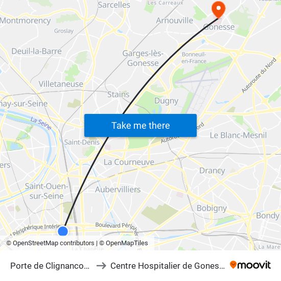 Porte de Clignancourt to Centre Hospitalier de Gonesse map