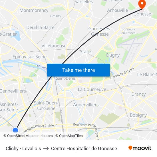 Clichy - Levallois to Centre Hospitalier de Gonesse map