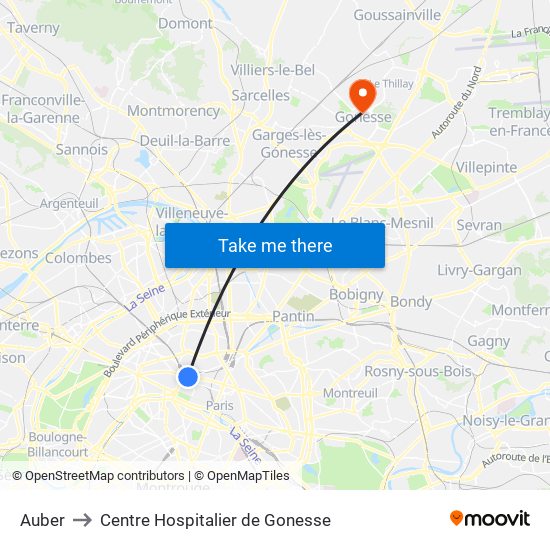 Auber to Centre Hospitalier de Gonesse map