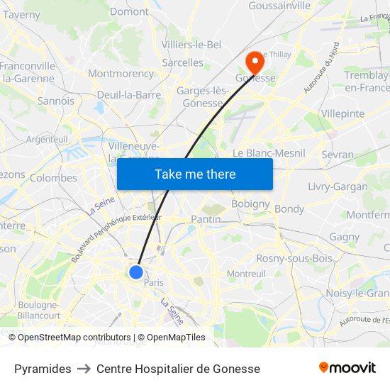 Pyramides to Centre Hospitalier de Gonesse map