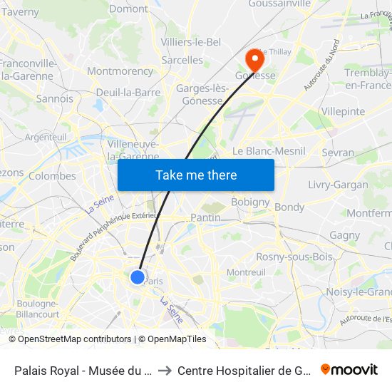 Palais Royal - Musée du Louvre to Centre Hospitalier de Gonesse map
