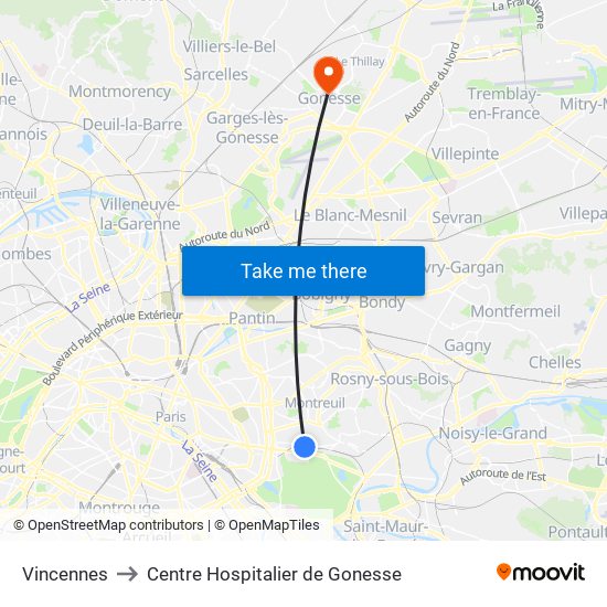 Vincennes to Centre Hospitalier de Gonesse map
