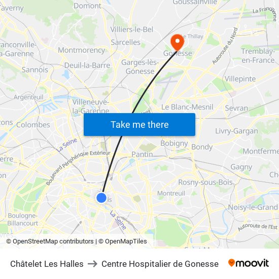 Châtelet Les Halles to Centre Hospitalier de Gonesse map