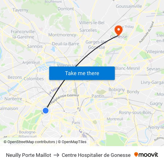 Neuilly Porte Maillot to Centre Hospitalier de Gonesse map