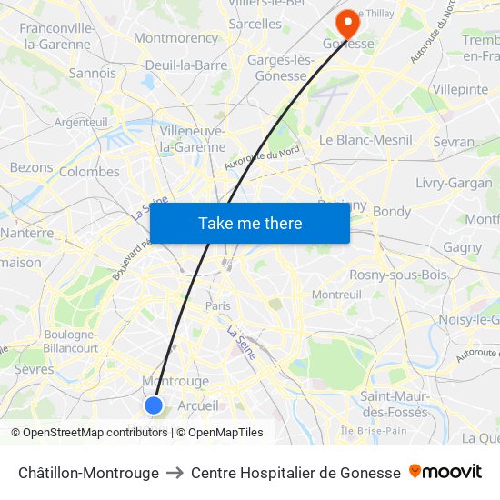 Châtillon-Montrouge to Centre Hospitalier de Gonesse map
