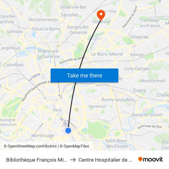 Bibliothèque François Mitterrand to Centre Hospitalier de Gonesse map