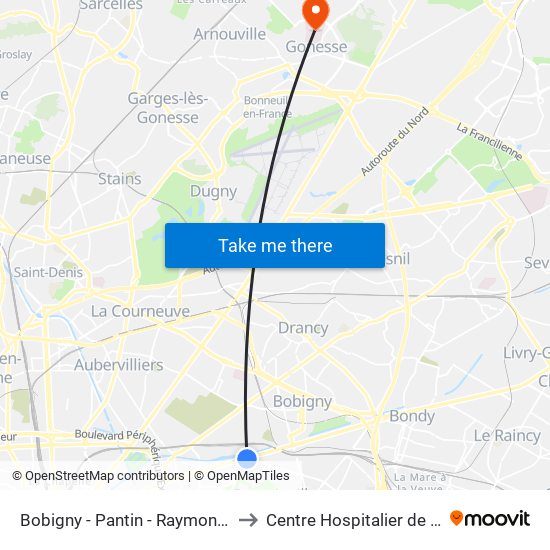 Bobigny - Pantin - Raymond Queneau to Centre Hospitalier de Gonesse map