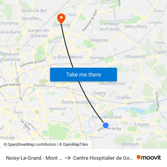 Noisy-Le-Grand - Mont D'Est to Centre Hospitalier de Gonesse map