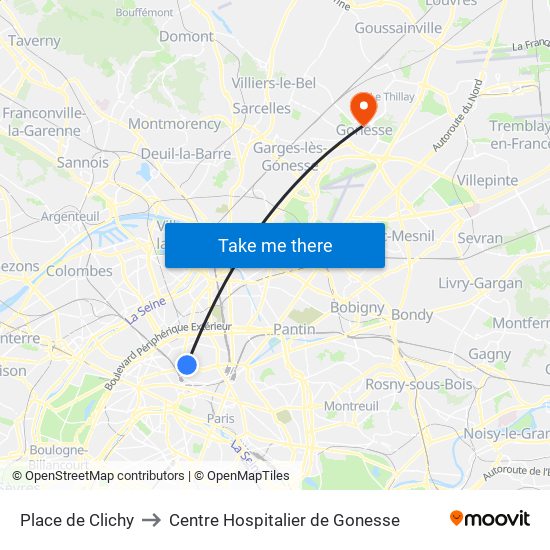 Place de Clichy to Centre Hospitalier de Gonesse map