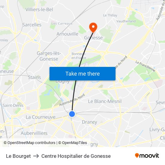 Le Bourget to Centre Hospitalier de Gonesse map
