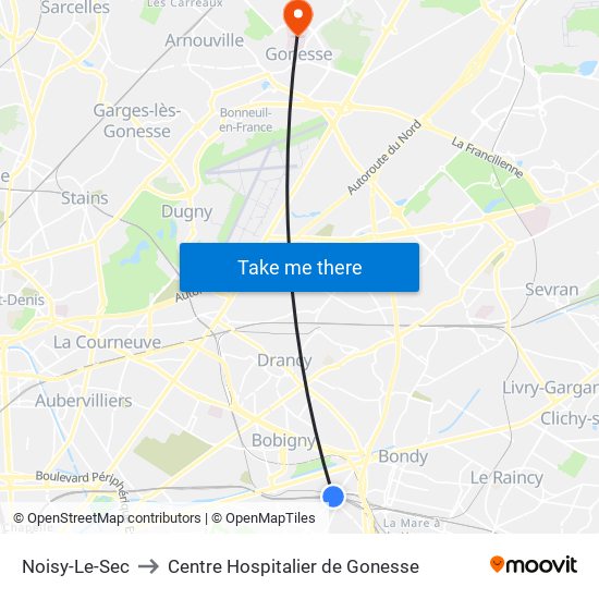 Noisy-Le-Sec to Centre Hospitalier de Gonesse map