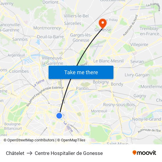Châtelet to Centre Hospitalier de Gonesse map