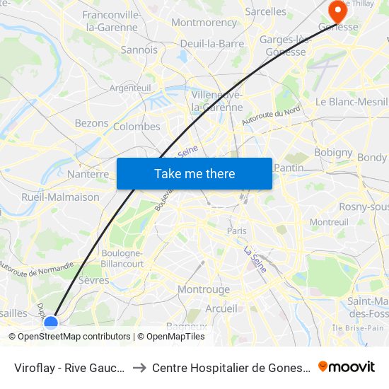 Viroflay - Rive Gauche to Centre Hospitalier de Gonesse map