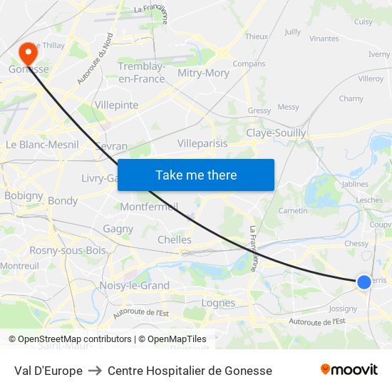 Val D'Europe to Centre Hospitalier de Gonesse map