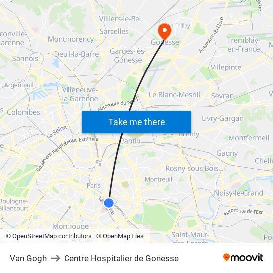 Van Gogh to Centre Hospitalier de Gonesse map