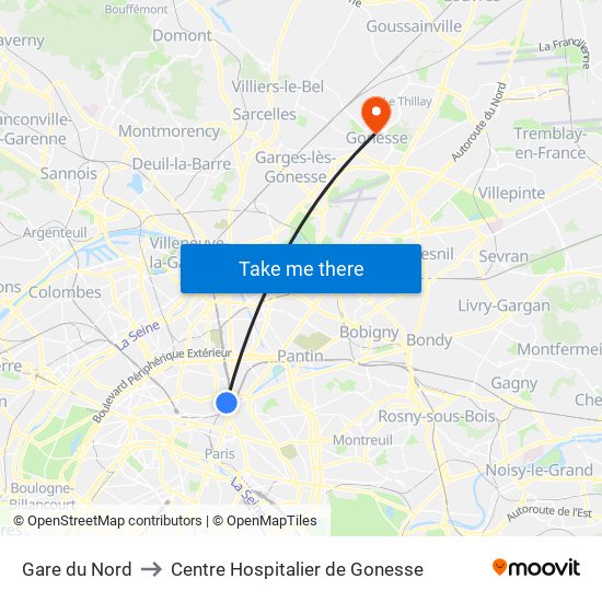 Gare du Nord to Centre Hospitalier de Gonesse map