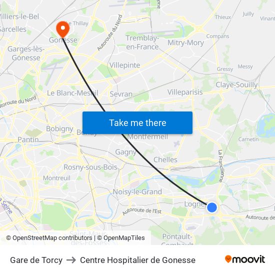Gare de Torcy to Centre Hospitalier de Gonesse map