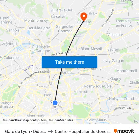 Gare de Lyon - Diderot to Centre Hospitalier de Gonesse map