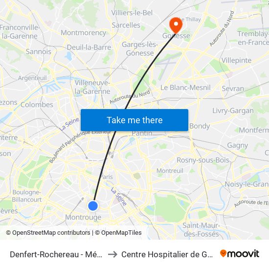 Denfert-Rochereau - Métro-Rer to Centre Hospitalier de Gonesse map