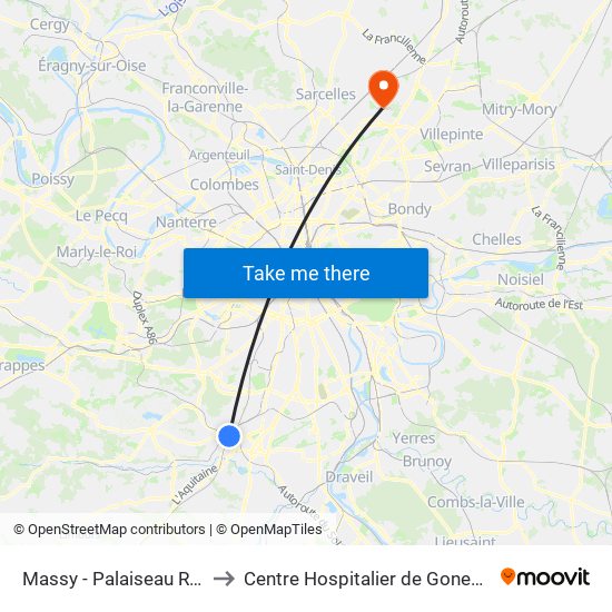 Massy - Palaiseau RER to Centre Hospitalier de Gonesse map