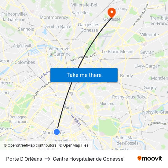 Porte D'Orléans to Centre Hospitalier de Gonesse map