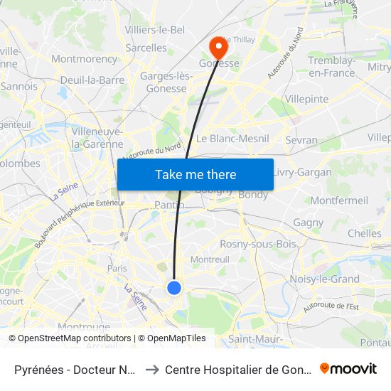 Pyrénées - Docteur Netter to Centre Hospitalier de Gonesse map