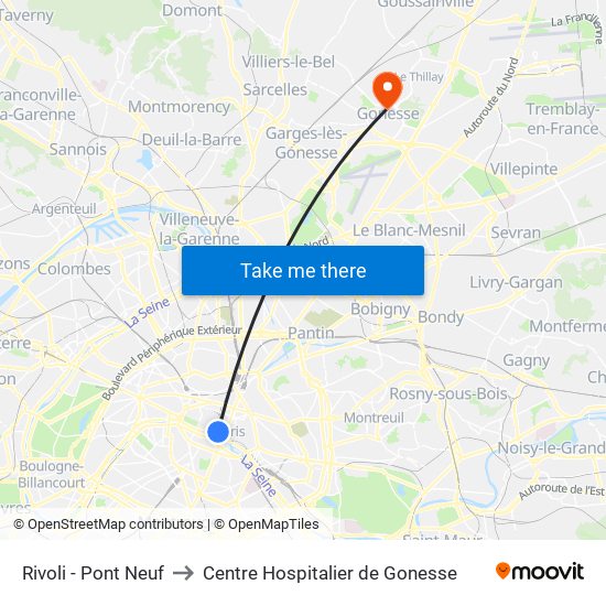 Rivoli - Pont Neuf to Centre Hospitalier de Gonesse map