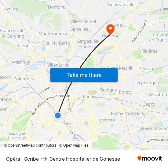 Opéra - Scribe to Centre Hospitalier de Gonesse map