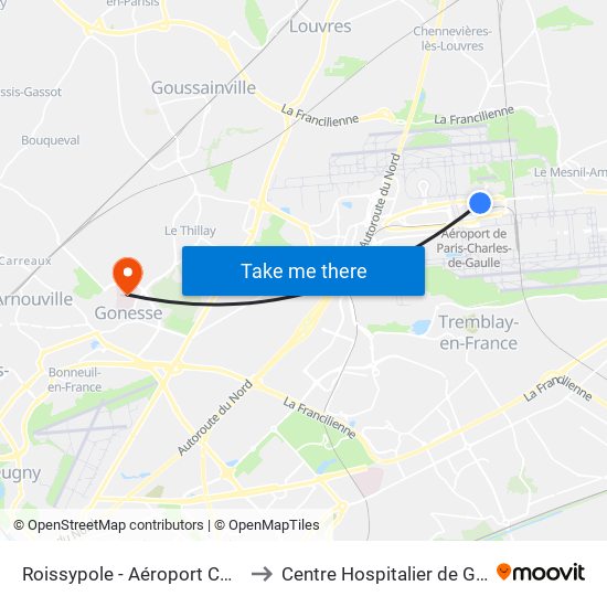 Roissypole - Aéroport Cdg1 (G1) to Centre Hospitalier de Gonesse map