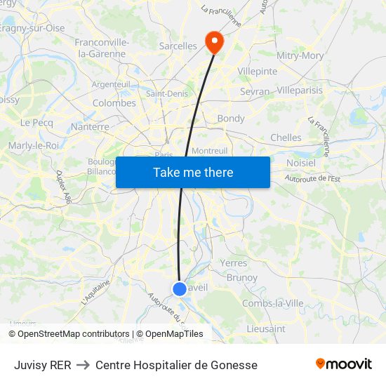 Juvisy RER to Centre Hospitalier de Gonesse map