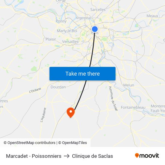 Marcadet - Poissonniers to Clinique de Saclas map