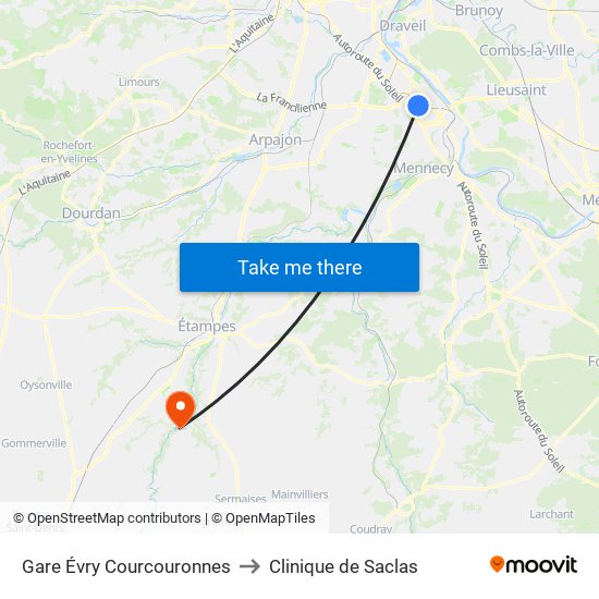 Gare Évry Courcouronnes to Clinique de Saclas map